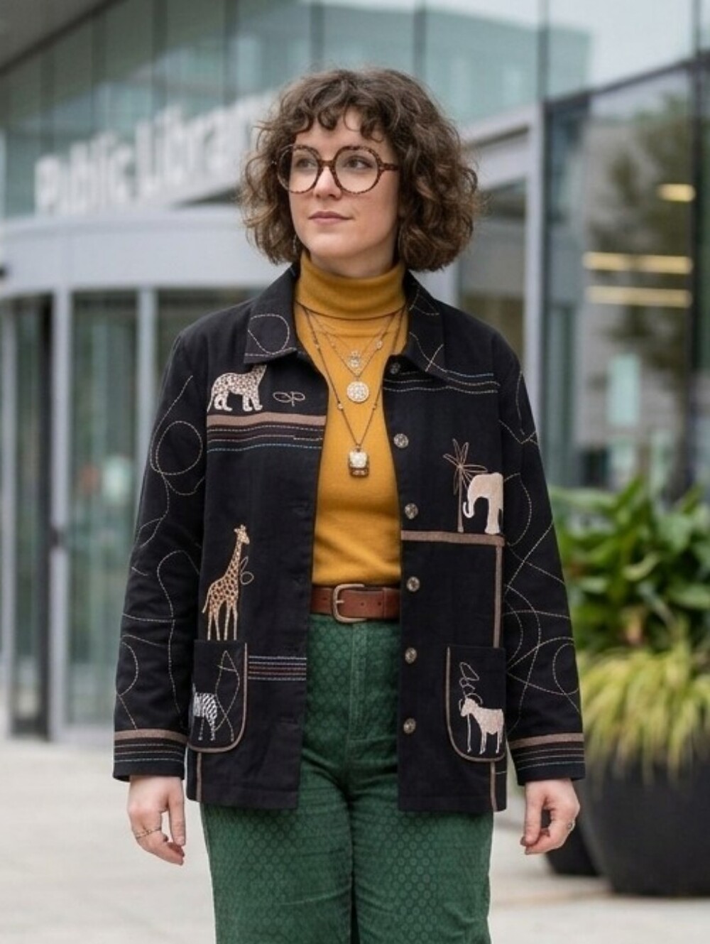 NWOT TanJay Embroidered Safari Animal Canvas Jacket Size L Art To Wear Eclectic